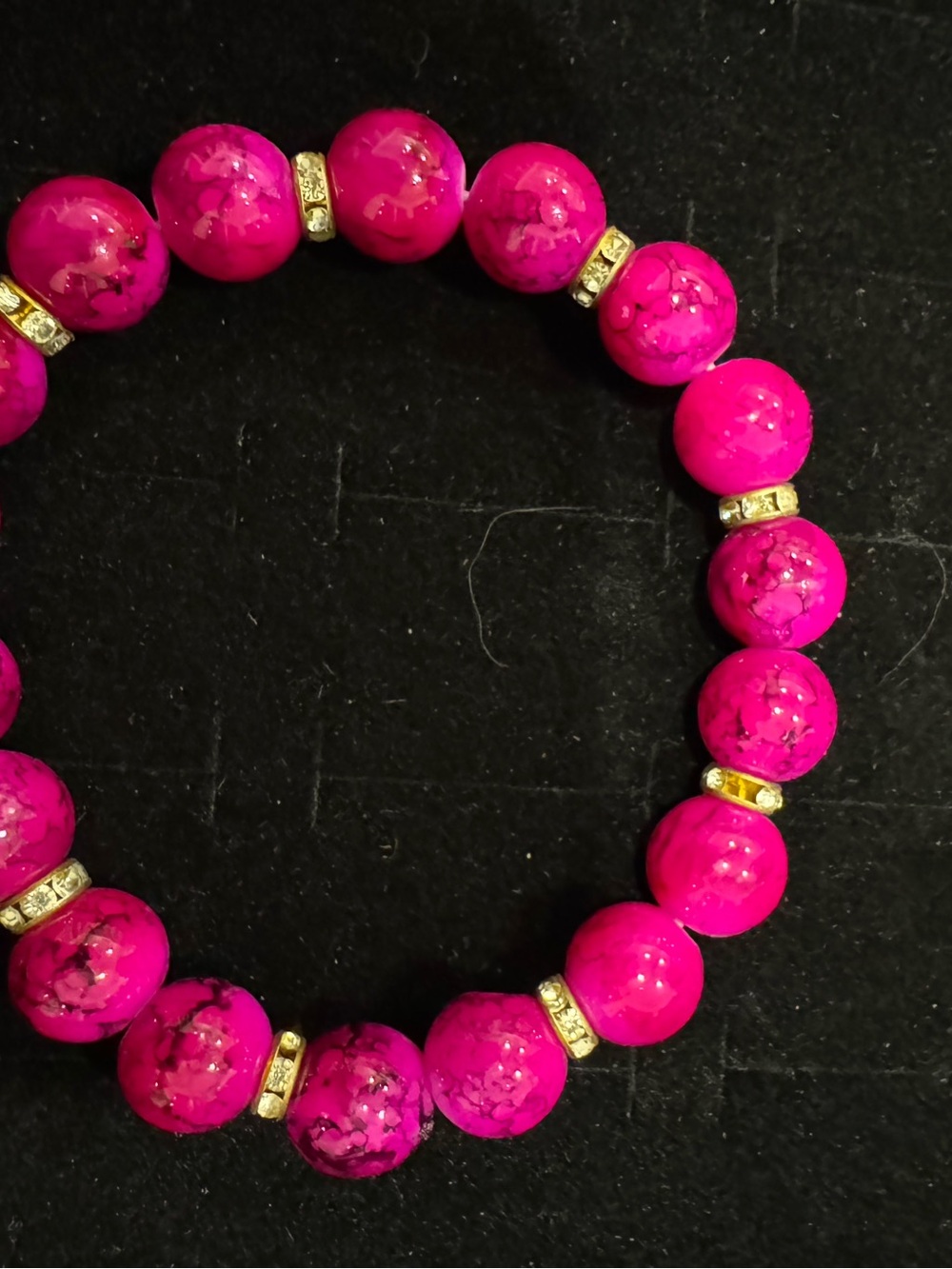 Hot Pink Beaded Stretch Bracelet Gold Tone Rhinestone Spacers Statement Jewelry